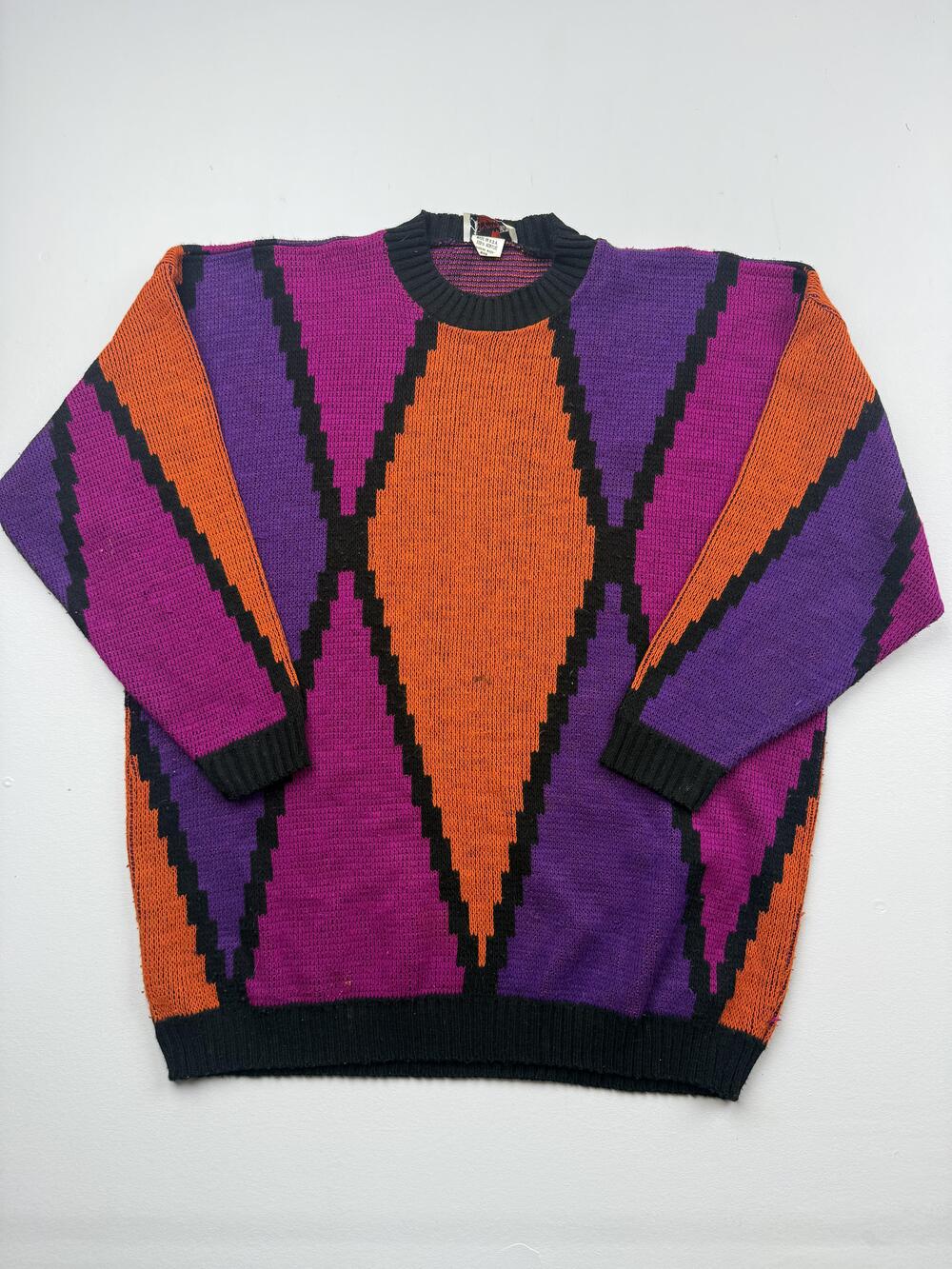 Vintage Bright Lights Sweater Mens Multicolor Geometric Pullover 80s USA Read